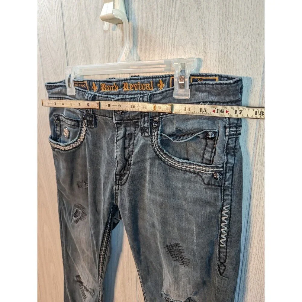 Rock Revival Jeans Mens 33 Gray Denim Finn Slim Boot Distressed READ 34x29